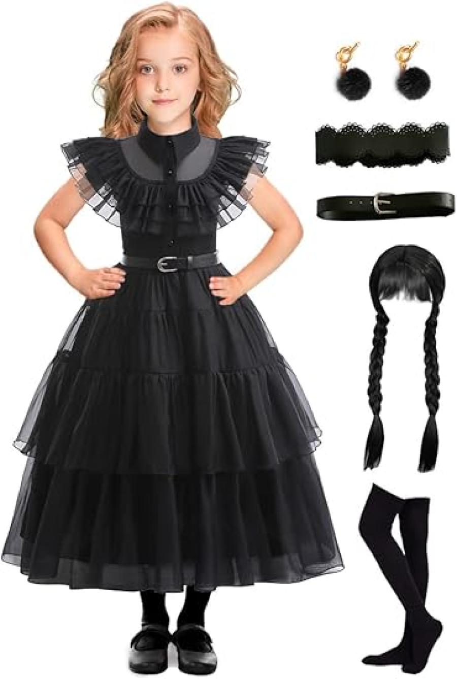 EOILFM Halloween Kids Wednesday Addams Dress Costume Cosplay Girls Black Gothic Dress Up Outfit with Belt Pretend Play