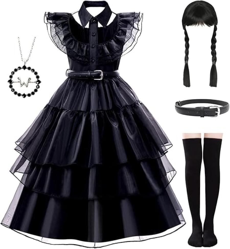 Black Dress Up Costume - Dress Up Clothes for Little Girls with Wig, Necklace, Belt & Socks - Ideal for Halloween