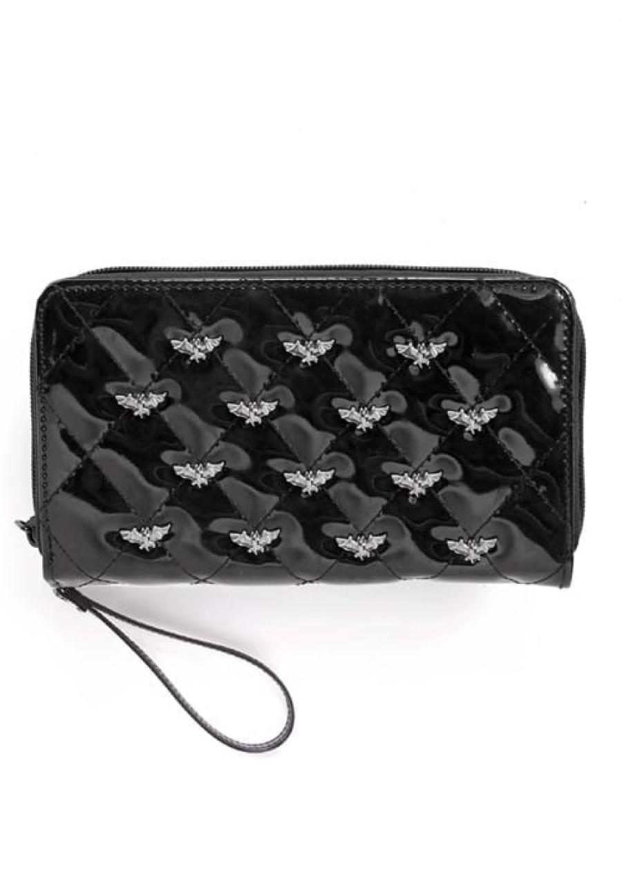 Bat Studded Quilted Faux Patent Zip-Around Black Wallet