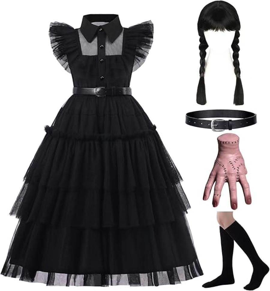 Black Costume Dress, 4-13 Years Girls Outfits with Accessories Dress Up Set, Family Halloween Cosplay Party