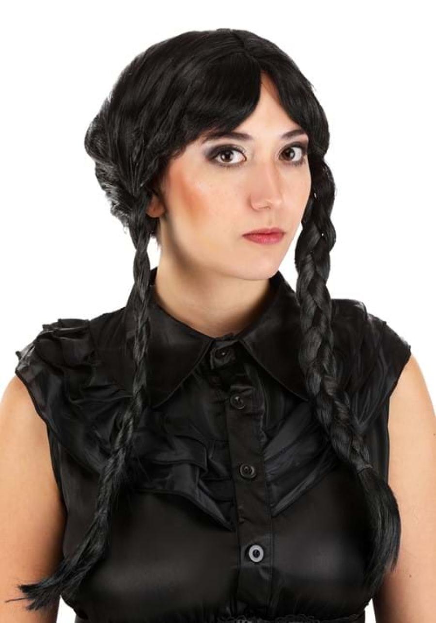 Black Pigtail Wig with Bangs for Women