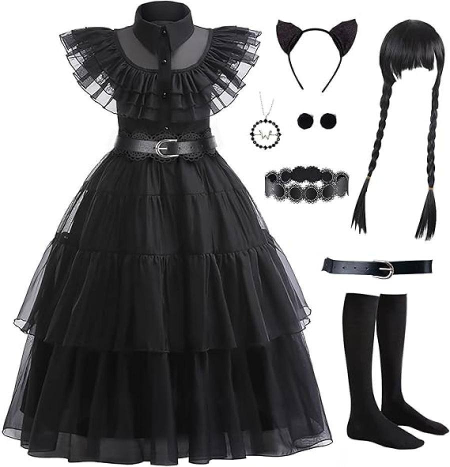 Wednesday Dress for Kids Girls, Addams Family Cosplay Outfit Gothic Costumes for Halloween, Family Party, Birthday