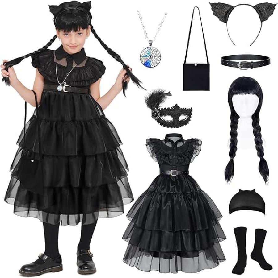 HIALTODAY Wednesday Addams Costume for Girls,Wednesday Addams Dress Wig Halloween Costume for Kids Toddler