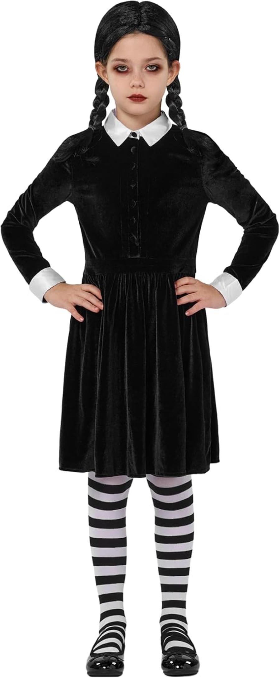 Spooktacular Creations Black Collar Dress, Long Sleeve School Girl Costume, Velvet Skater Dress for Kids Halloween Party