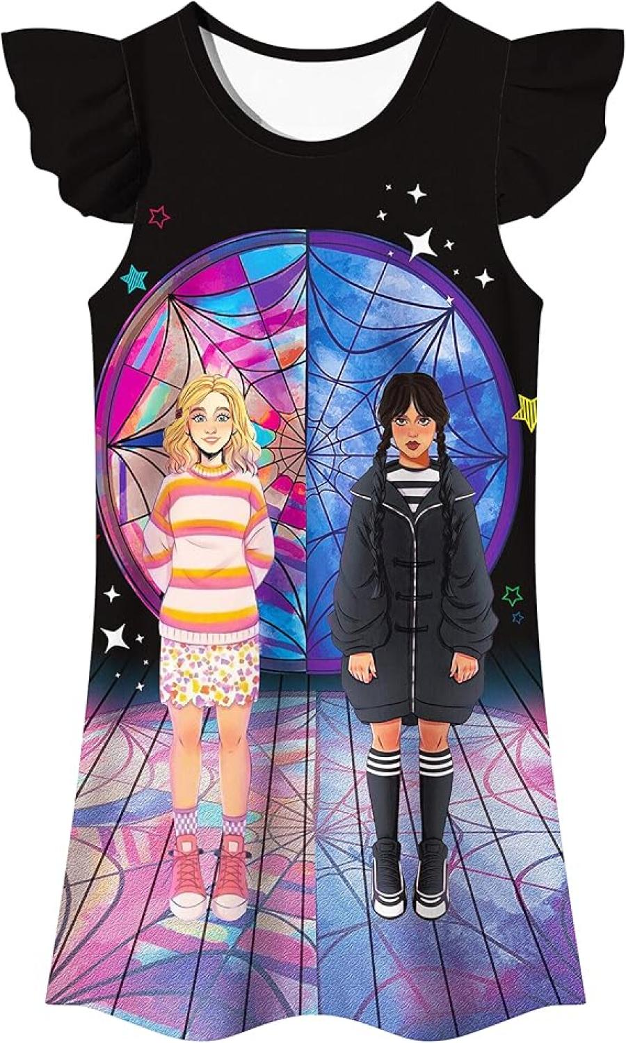 Girls Cartoon Black Dress Princess Party Dress for 5-12Y Kids Casual Clothes