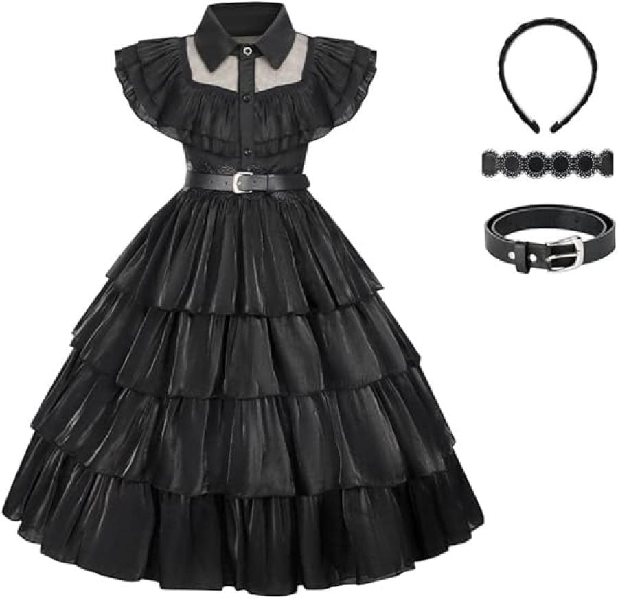 Wednesday Addams Costume Girls Dress Up for Kids Toddler Family Princess Merlina Cosplay Party Dress