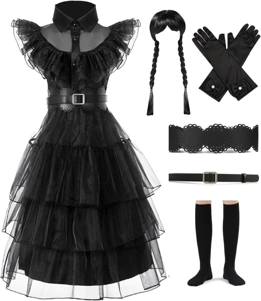 Girls Black Princess Costume Dress Up Costume Halloween Cosplay Party Outfit for Girls with Wig Belts Socks Golves Size 13-14