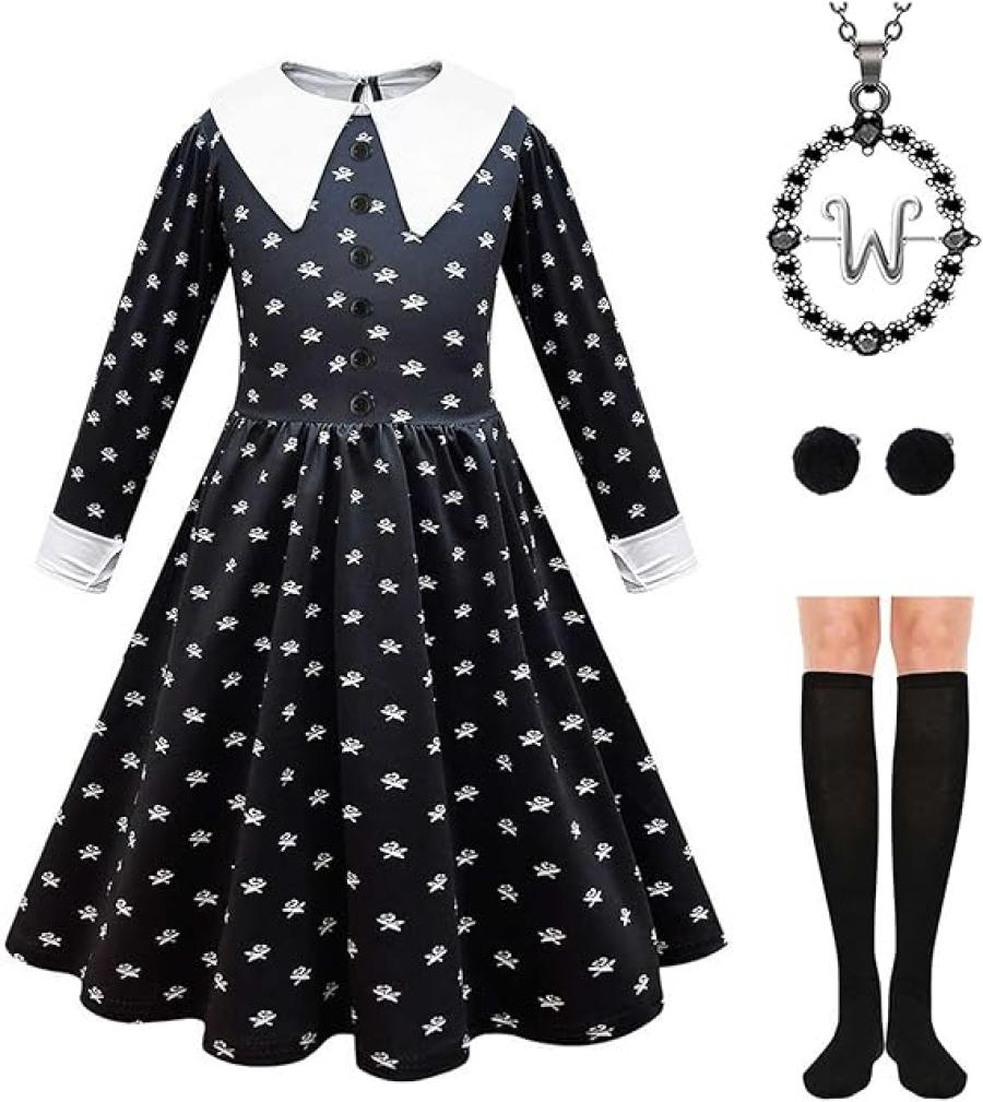 Black Costume Dress for Girls Halloween Costumes Cosplay Party Dress with Accessories 3-12Y