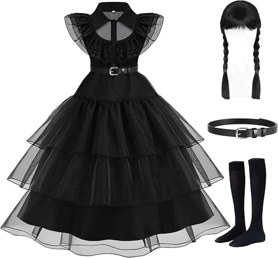 Black Princess Costume Girls Dress Kids Cosplay School Rave Halloween Party Dress up Outfit 5-12Y