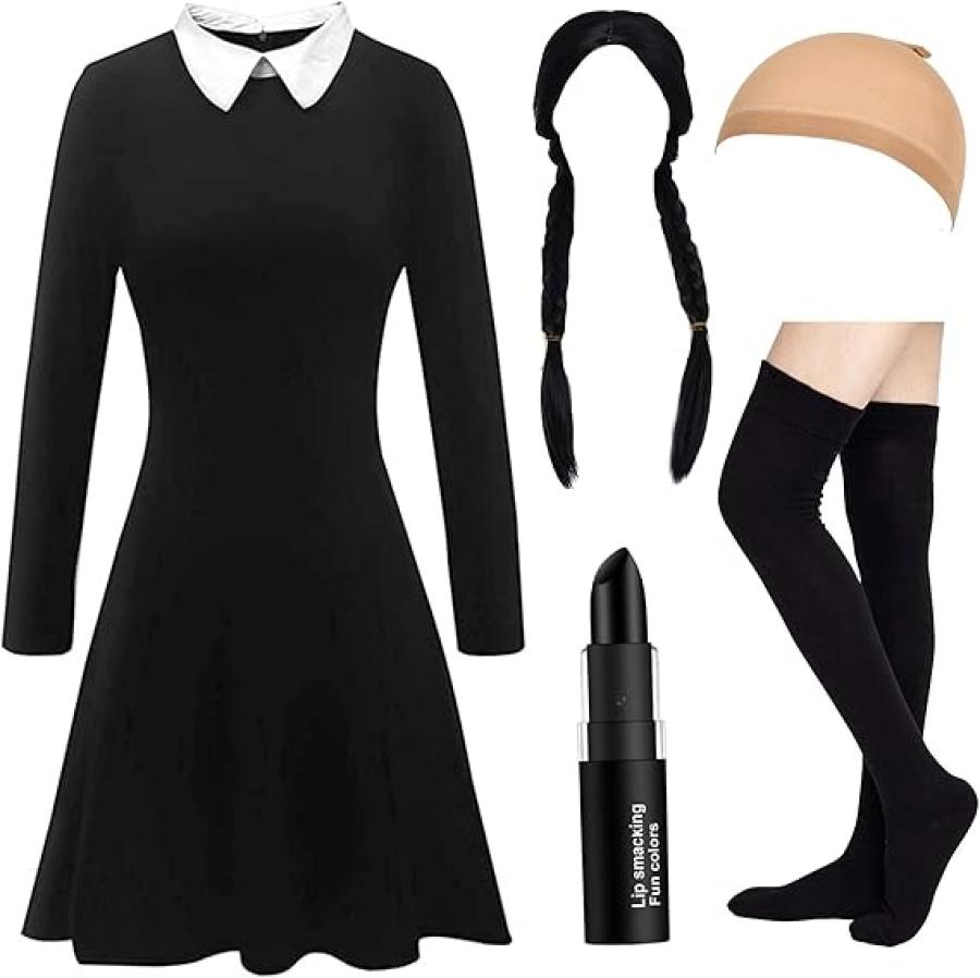 Halloween Costumes for Women - White Collar Long Sleeve Black Dress, Black Braided Wig and Sock