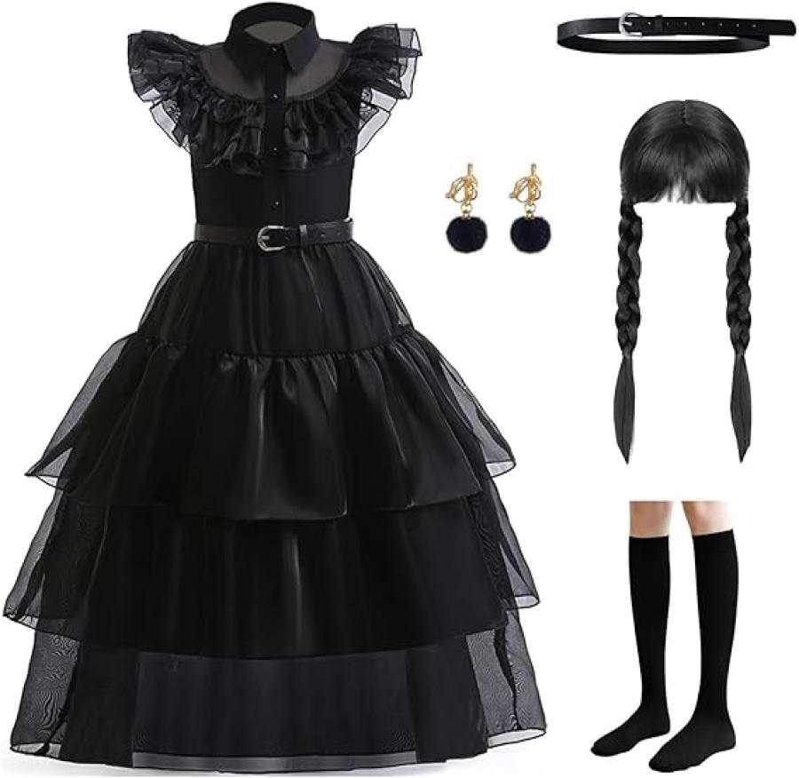Wednesday Addams Dress Kids Halloween Costume with Gloves Belt and Socks, Addams Family Cosplay Party Dress