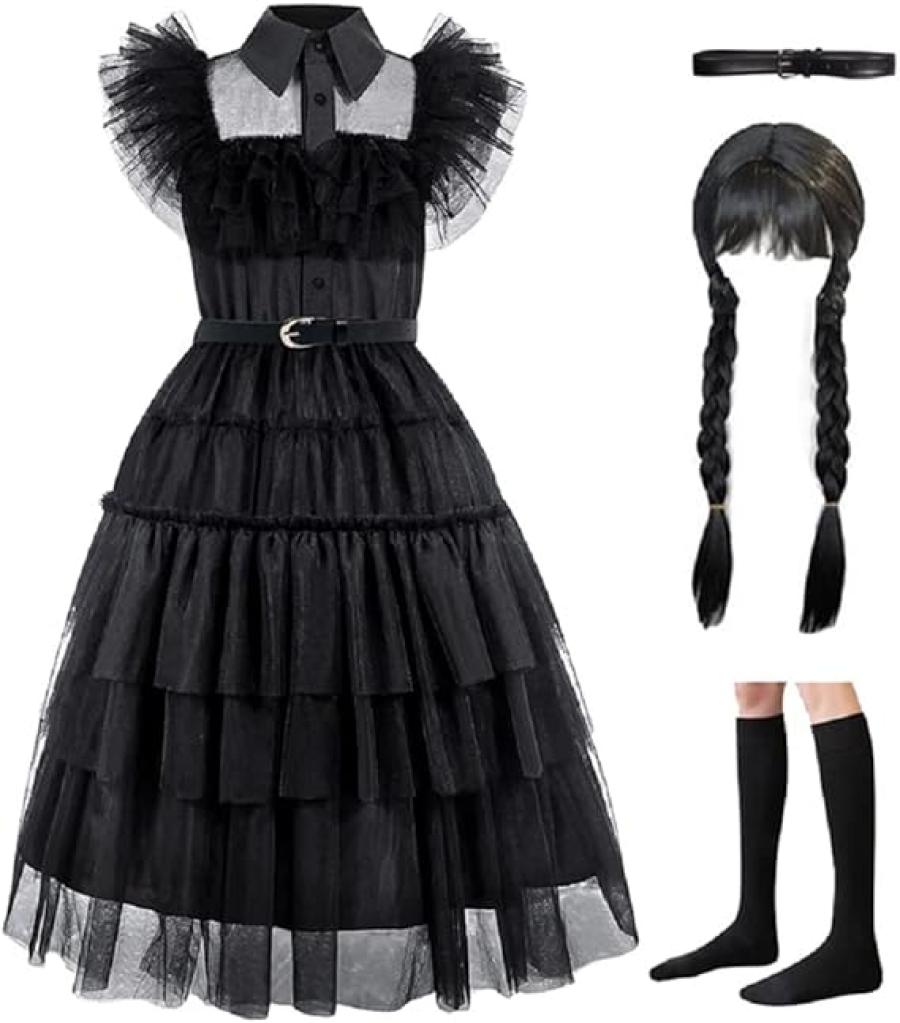 Wednesday addams costume girls dress for Kids Addams Family Costumes Halloween Cosplay Party Dress With belt JAGOORCOWINDY 4-12Y (140) , Black(dress+belt+hair+socks)