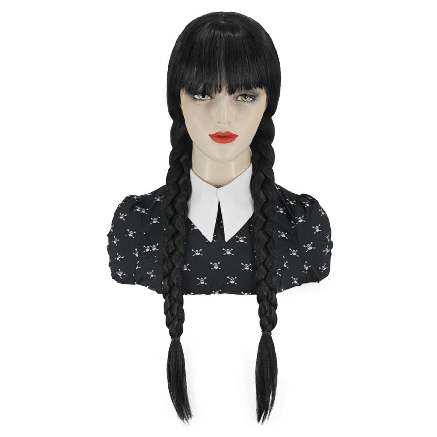 Girls Braided Black Wig for Halloween Costume Girls Women Black Wig with Bangs for Halloween Costume Cosplay Cute Soft Party Wig JZ025BK