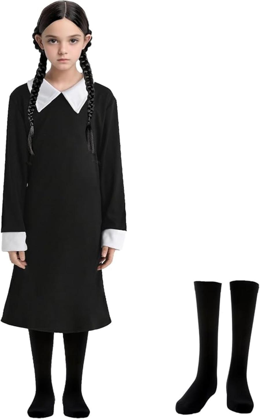 Halloween Costume Girls Black Dress with High Socks Long Sleeve White Collar Dress for Kids Party Cosplay, 4-12 Years